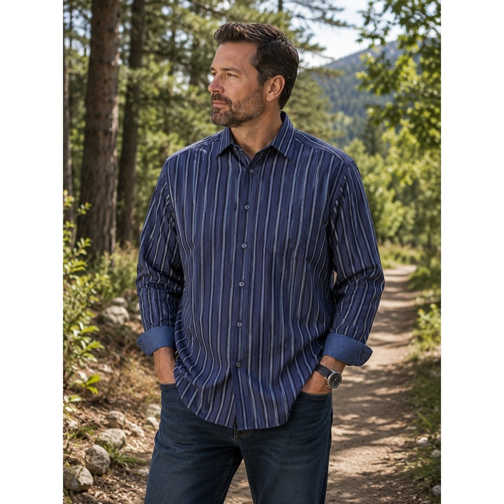 BUGATCHI UOMO Men's XXL Blue White Stripe Long Sleeve Flip Cuff Shirt -1165